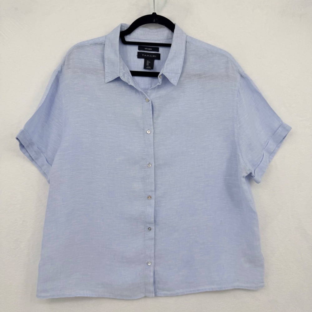 Tahari Blue 100% Linen Short Sleeve Button Down Shirt L Boxy Fit Career Casual
